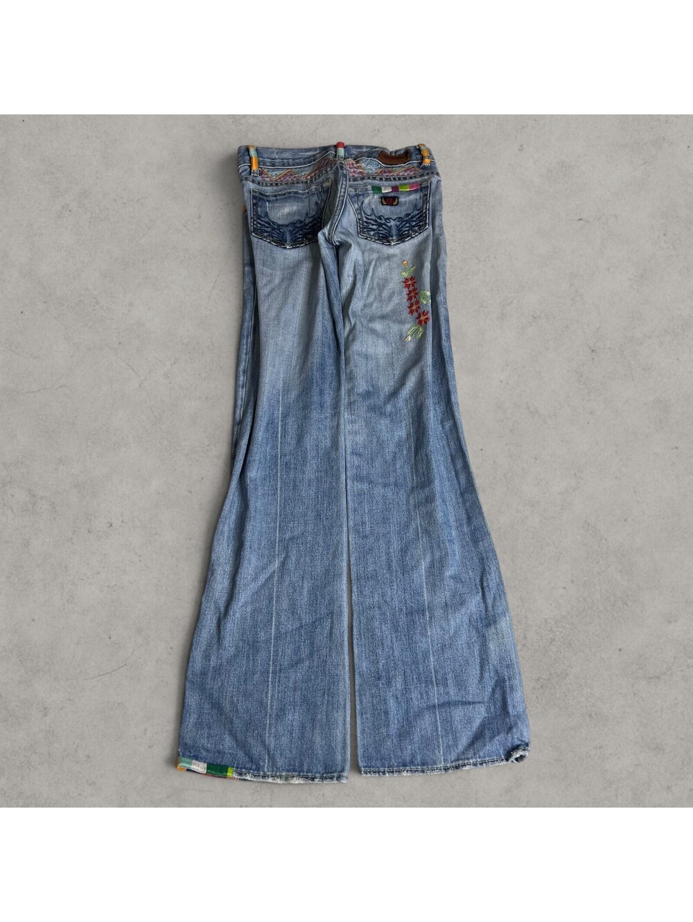 vintage-style Lee Cooper premium denim flare jeans floral embroidery patchwork